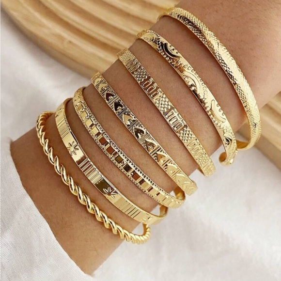 Jewelry - Gold Stackable Bracelet Set with Textured Designs